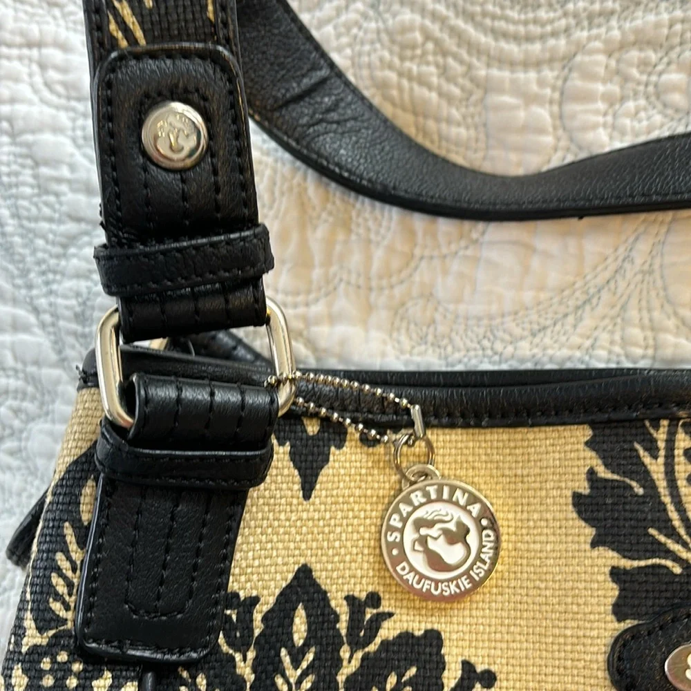 Spartina 449 Tan Linen & Black Leather Shoulder Hobo Bag